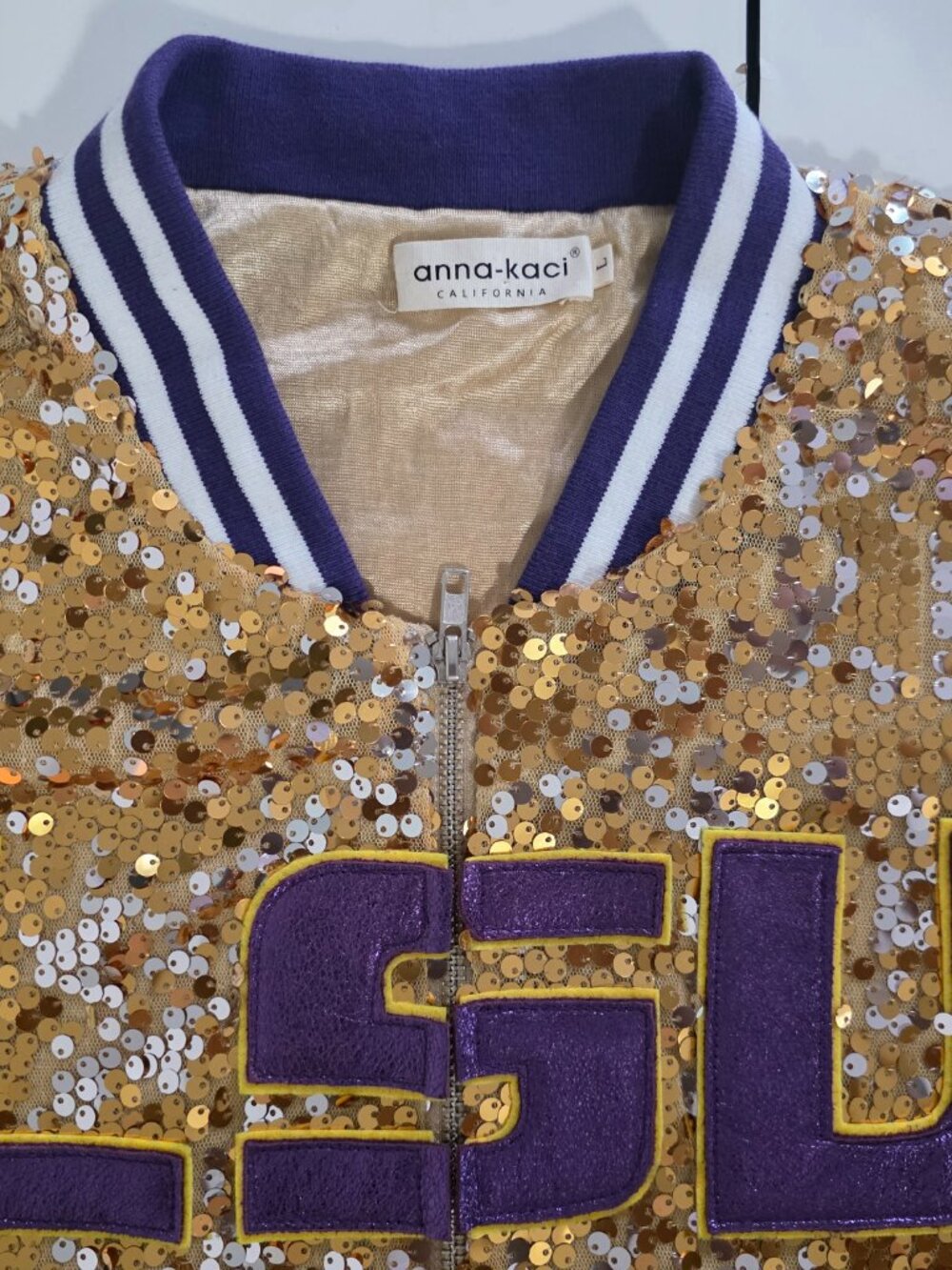 Pre Owned LSU Louisiana State University Gold Sequin Upcycled Anna Kaci Jacket - Picture 3 of 5